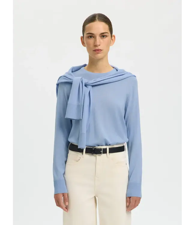 Selected Femme Thea Ls Knit Merino O-neck Cashmere Blue