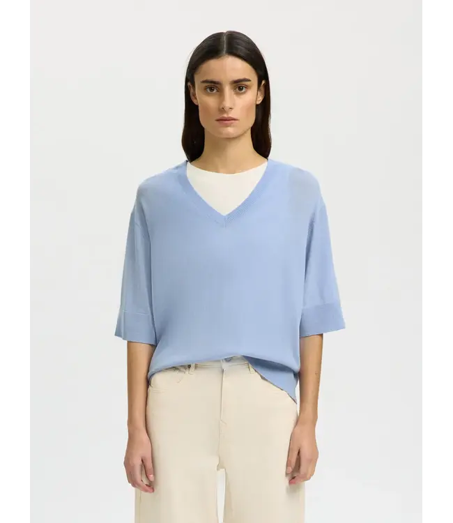 Selected Femme Thea Knit Merino V-neck Cashmere blue