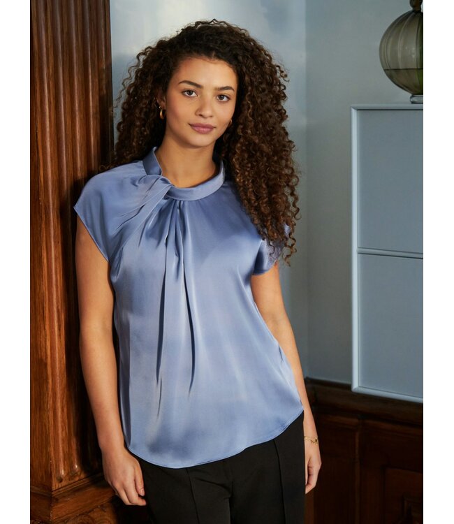Neo Noir Fleur Drapy Satin Blouse Dusty Blue