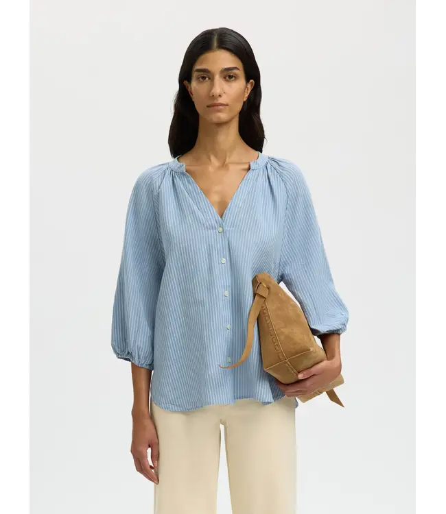 Selected Femme Clea Alberta Linen Blend Shirt Dusty Blue