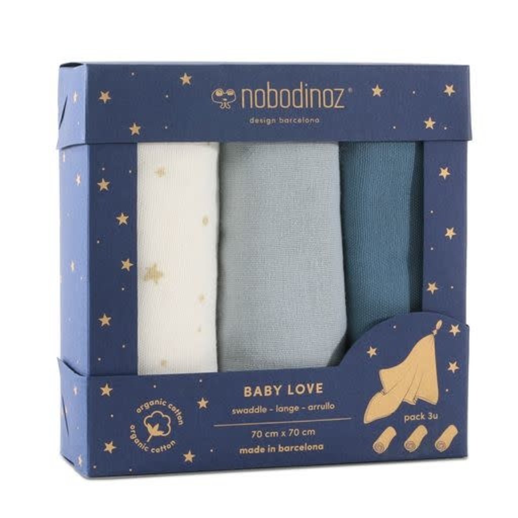 Nobodinoz Box 3 Baby Love Swaddles Blue