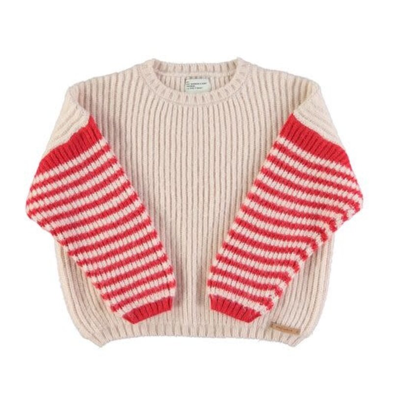 Piupiuchick Knitted sweater | Ecru & red stripes 