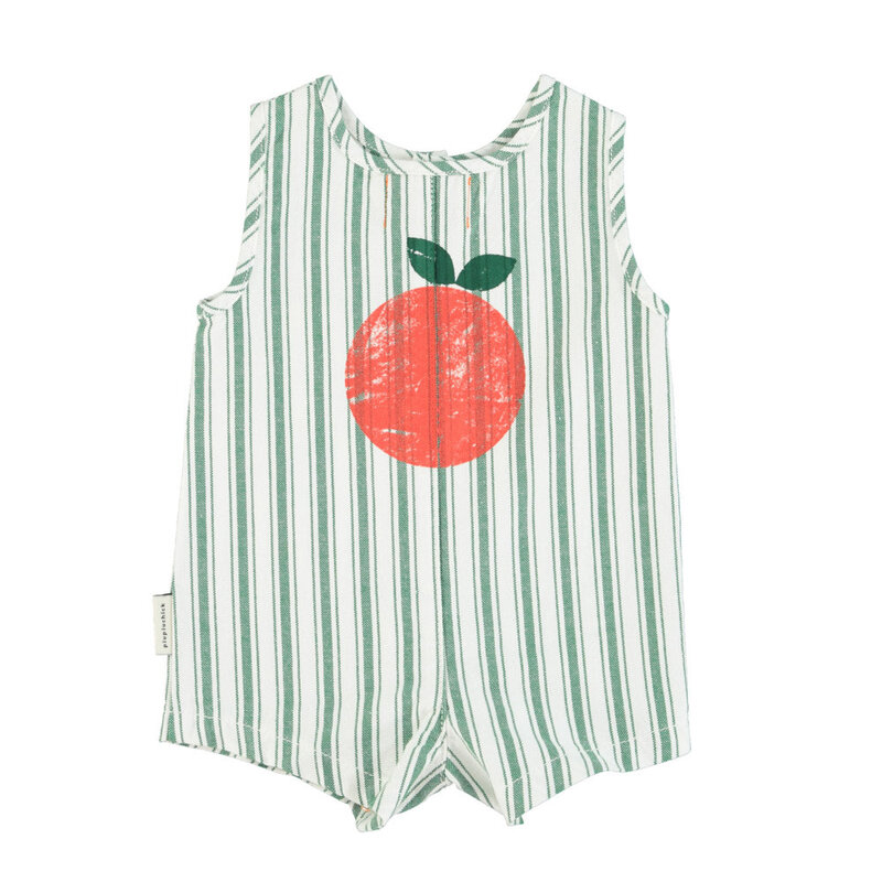 Piupiuchick baby short jumpsuit | white w/ large green stripes