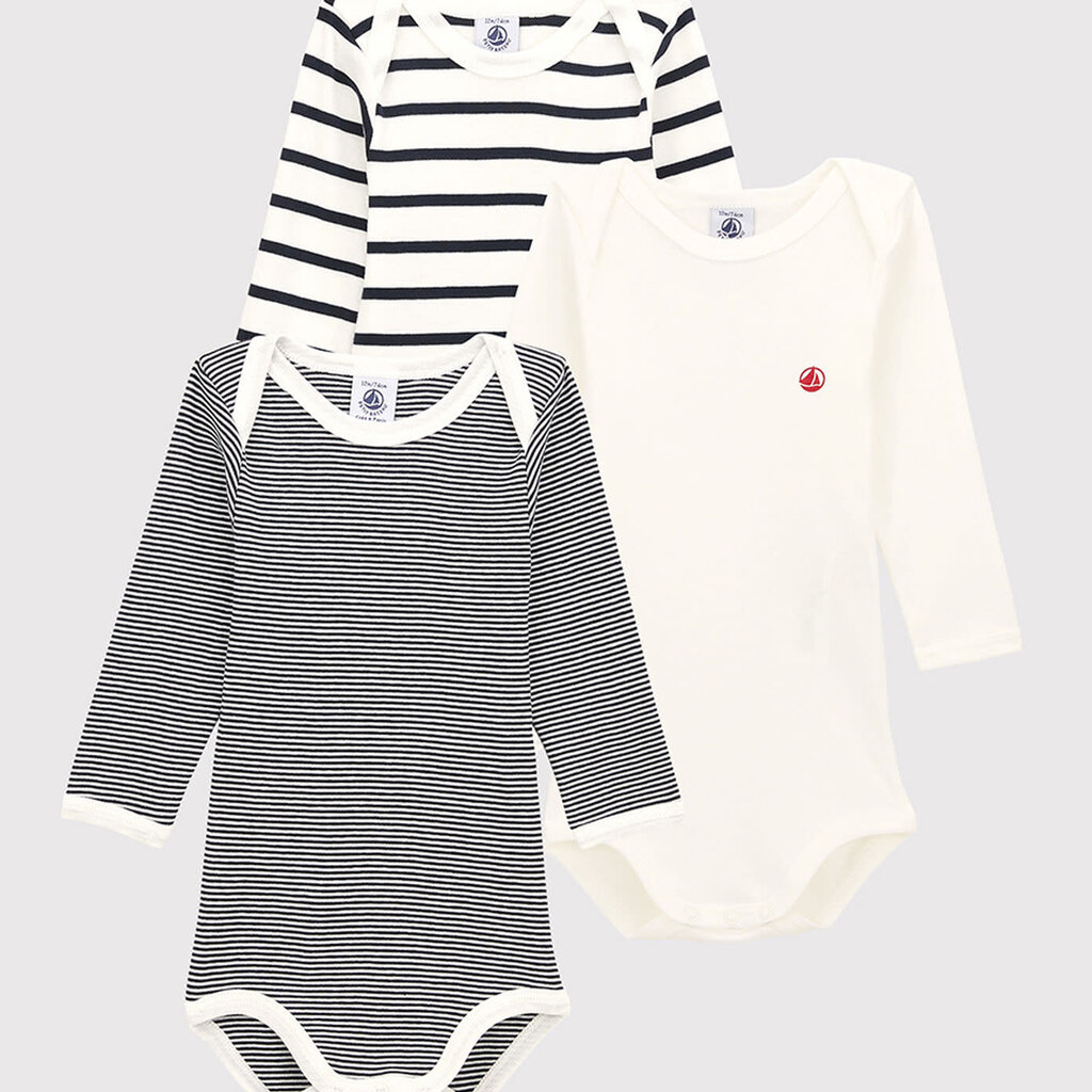 Petit Bateau Body/romper Lange Mouwen Navy Gestreept 3-pacL