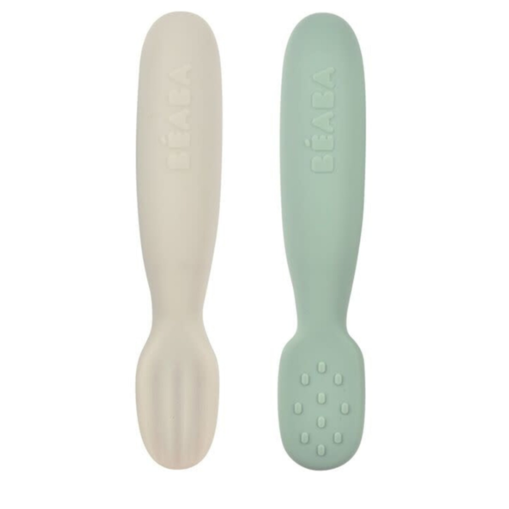 Beaba Set van 2 siliconen oefenlepels sage green/velvet grey