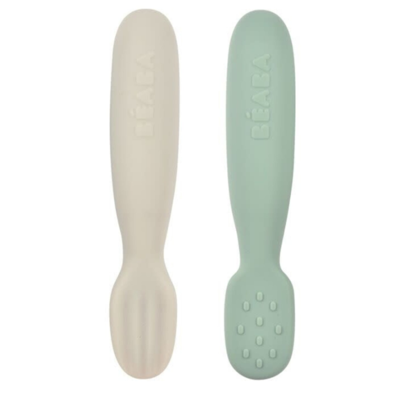 Beaba Set van 2 siliconen oefenlepels sage green/velvet grey