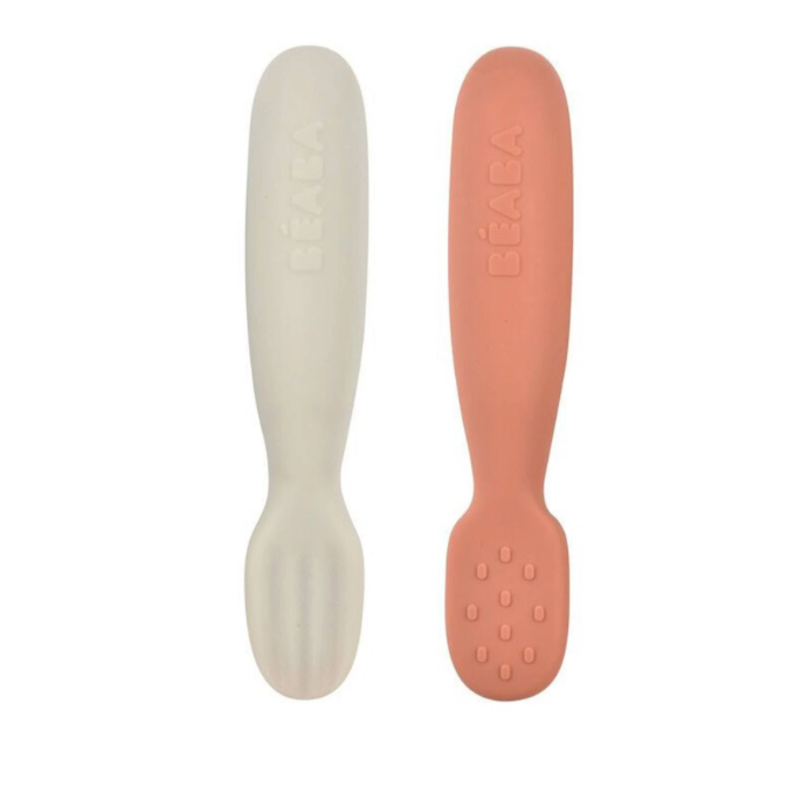 Beaba Set van 2 siliconen oefenlepels terracotta/velvet grey