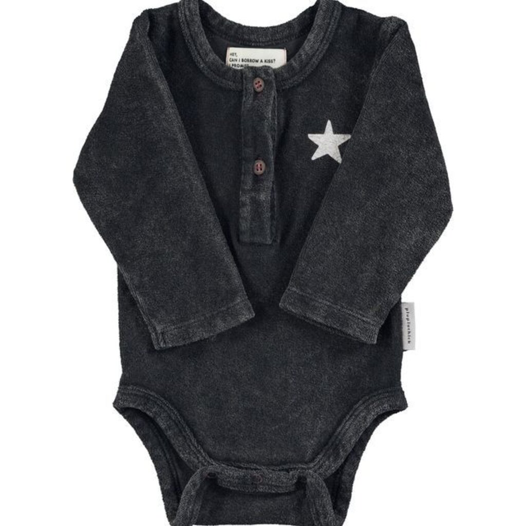 Piupiuchick Baby long sleeve body | Faded black w/ "rock & roll" print