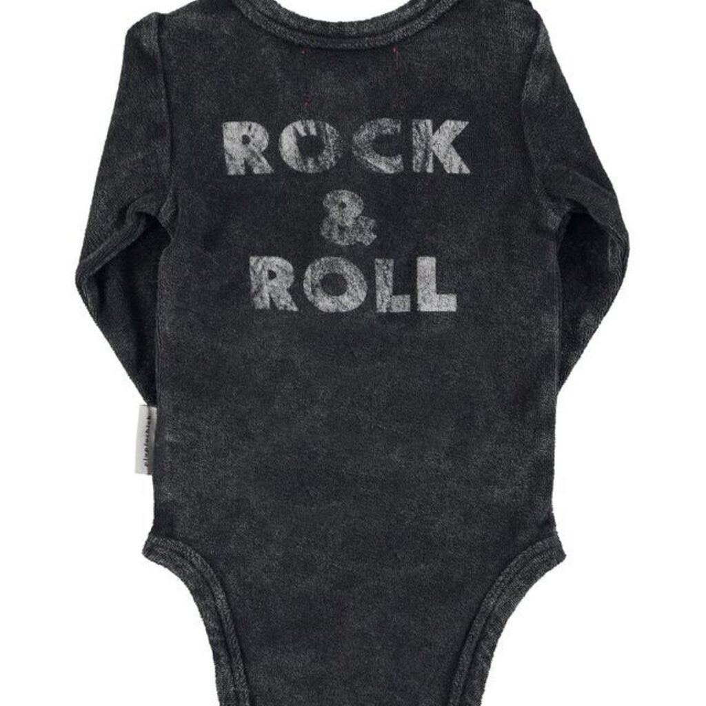 Piupiuchick Baby long sleeve body | Faded black w/ "rock & roll" print