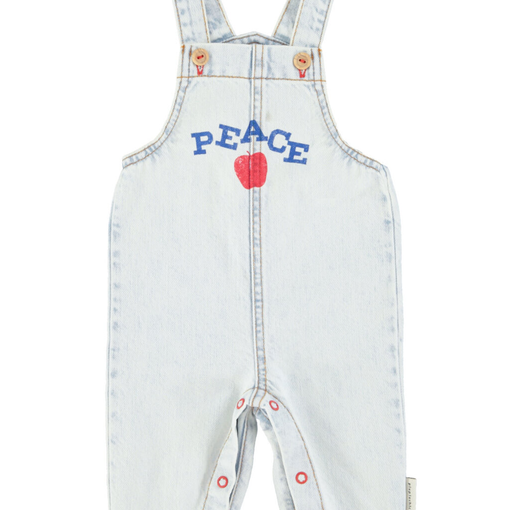 Piupiuchick baby dungarees | washed light blue denim w/  "peace" print ss26