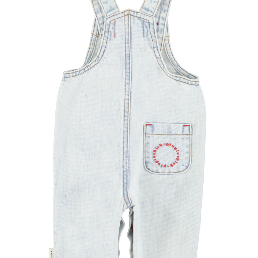 Piupiuchick baby dungarees | washed light blue denim w/  "peace" print ss26
