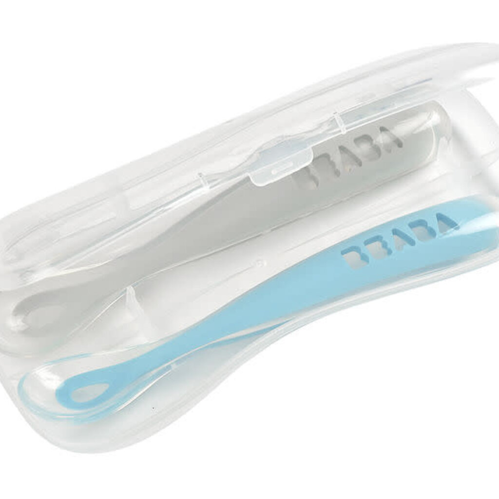 Beaba Set van 2 siliconenlepels - 1ste leeftijd met reisetui (mistgrijs+windy blue)