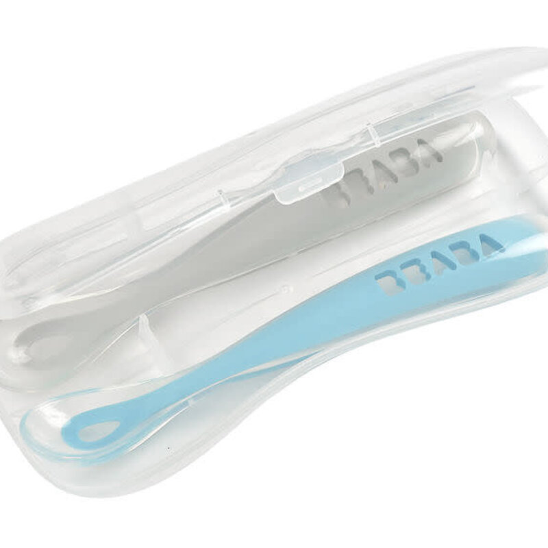 Beaba Set van 2 siliconenlepels - 1ste leeftijd met reisetui (mistgrijs+windy blue)