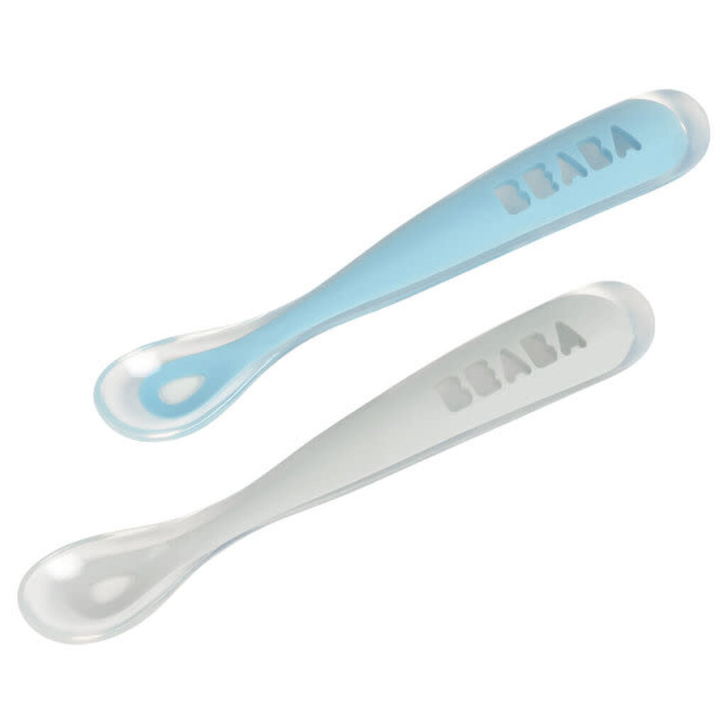 Beaba Set van 2 siliconenlepels - 1ste leeftijd met reisetui (mistgrijs+windy blue)