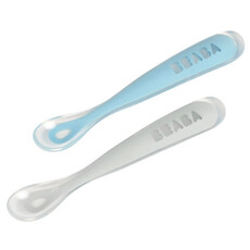 Beaba Set van 2 siliconenlepels - 1ste leeftijd met reisetui (mistgrijs+windy blue)