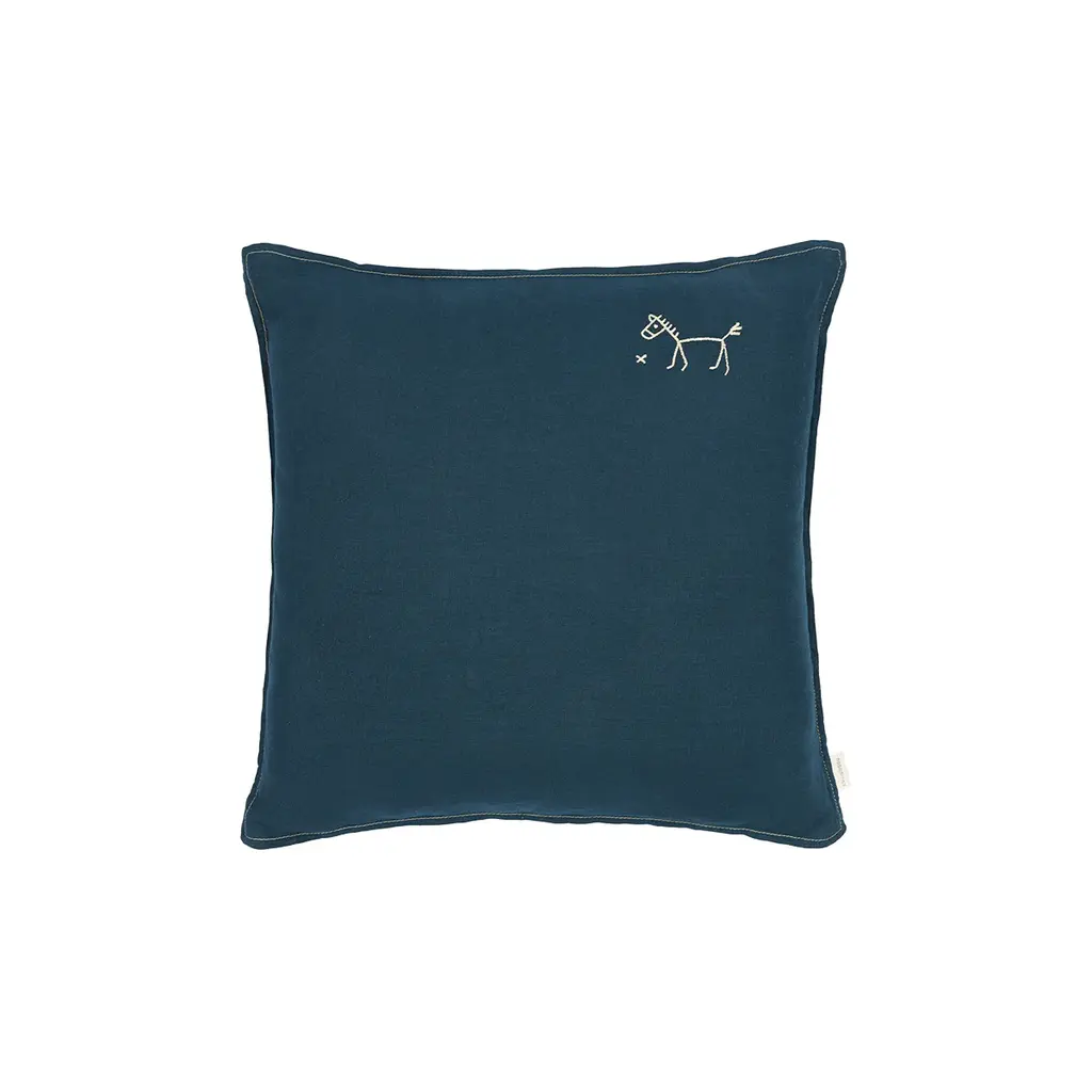 Nobodinoz Embroidered square cushion L1N0 in washed French Linen Deep Blue {}