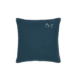 Nobodinoz Embroidered square cushion L1N0 in washed French Linen Deep Blue {}