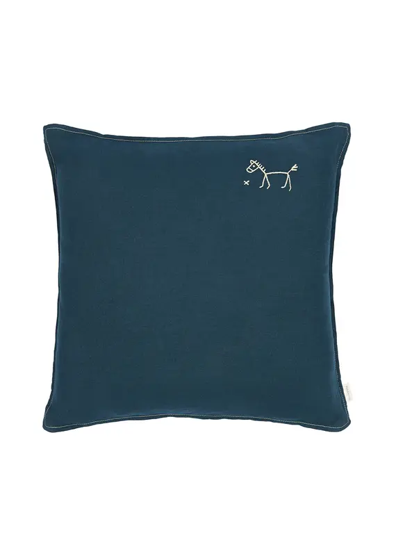 Nobodinoz Embroidered square cushion L1N0 in washed French Linen Deep Blue {}