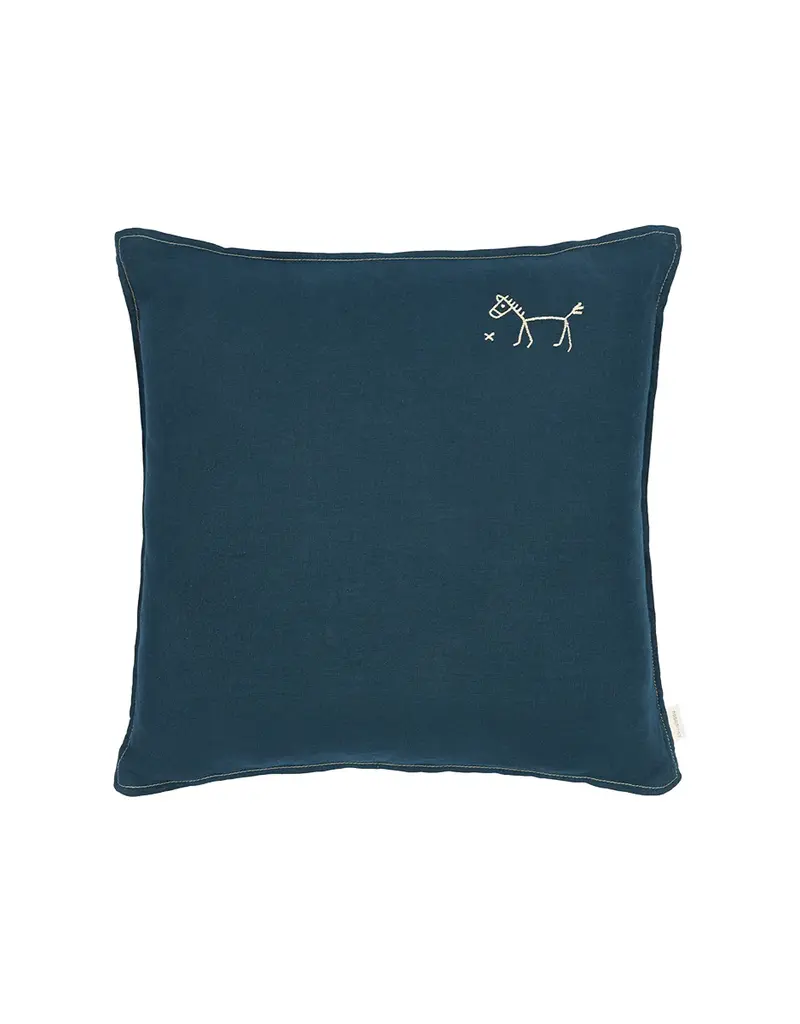 Nobodinoz Embroidered square cushion L1N0 in washed French Linen Deep Blue {}