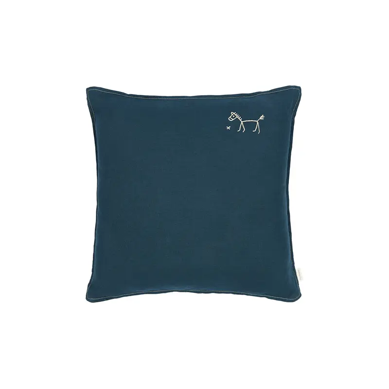 Nobodinoz Embroidered square cushion L1N0 in washed French Linen Deep Blue {}