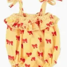 Piupiuchick short jumpsuit w/ straps | yellow w/ red bows 8y