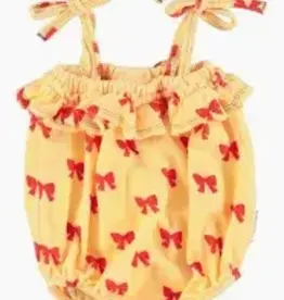 Piupiuchick short jumpsuit w/ straps | yellow w/ red bows 8y