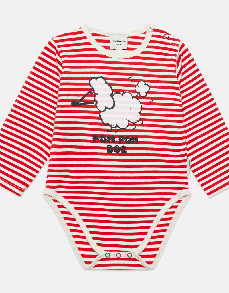 Weekend House Kids Pom pom dog stripes baby body Red aw26