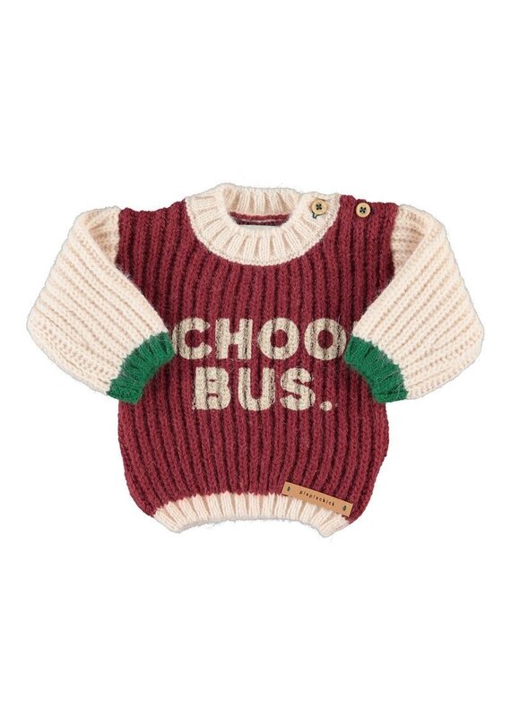 Piupiuchick Knitted Sweater | Bordeaux & Ecru W/ "School Bus" Print aw26