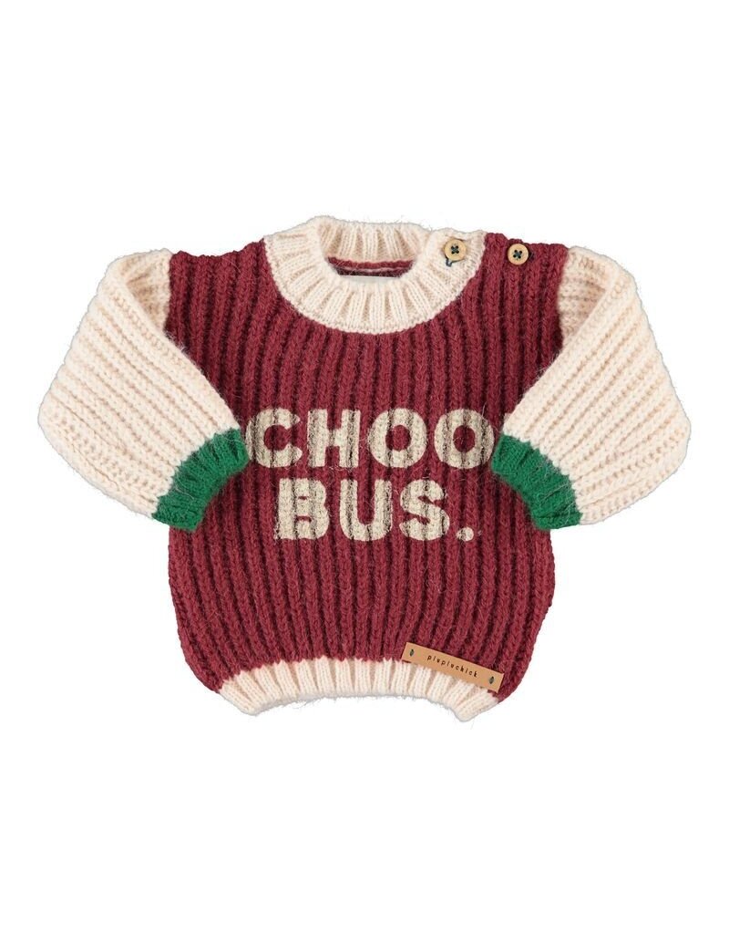 Piupiuchick Knitted Sweater | Bordeaux & Ecru W/ "School Bus" Print aw26