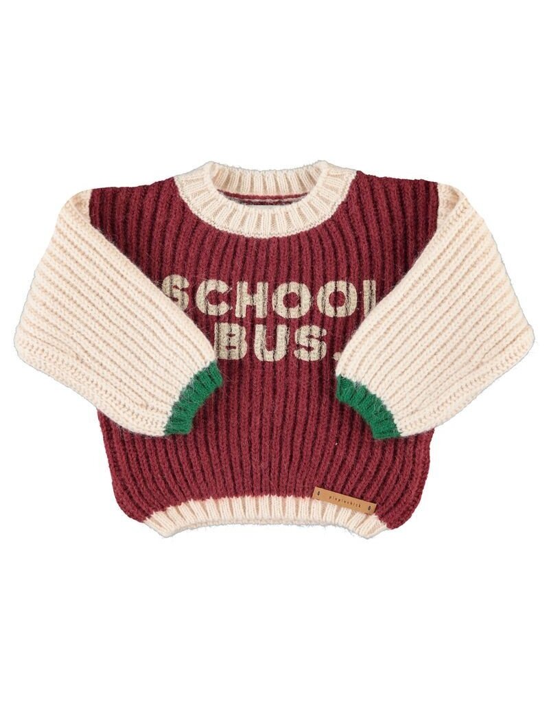 Piupiuchick Knitted Sweater | Bordeaux & Ecru W/ "School Bus" Print aw26