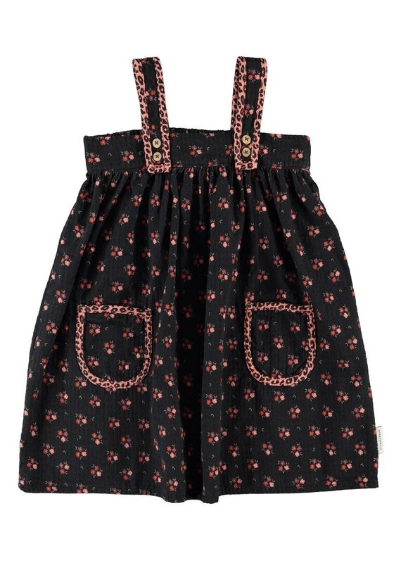 Piupiuchick Short Dress  W/ Straps | Black W/ Flowers aw26