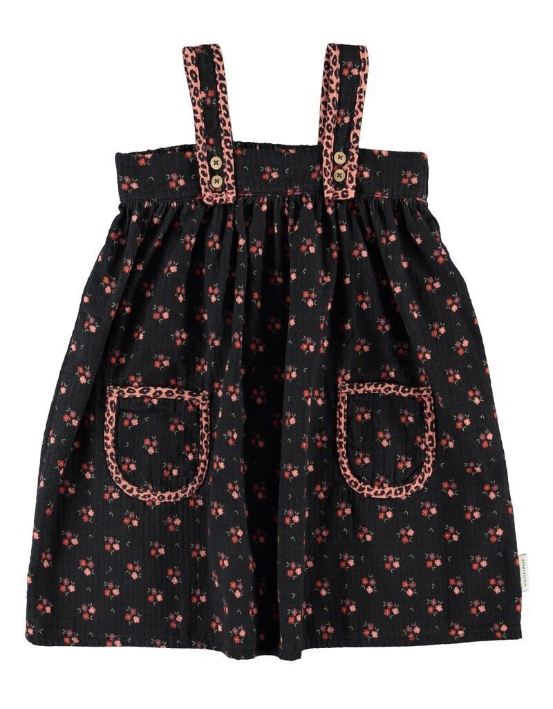 Piupiuchick Short Dress  W/ Straps | Black W/ Flowers aw26
