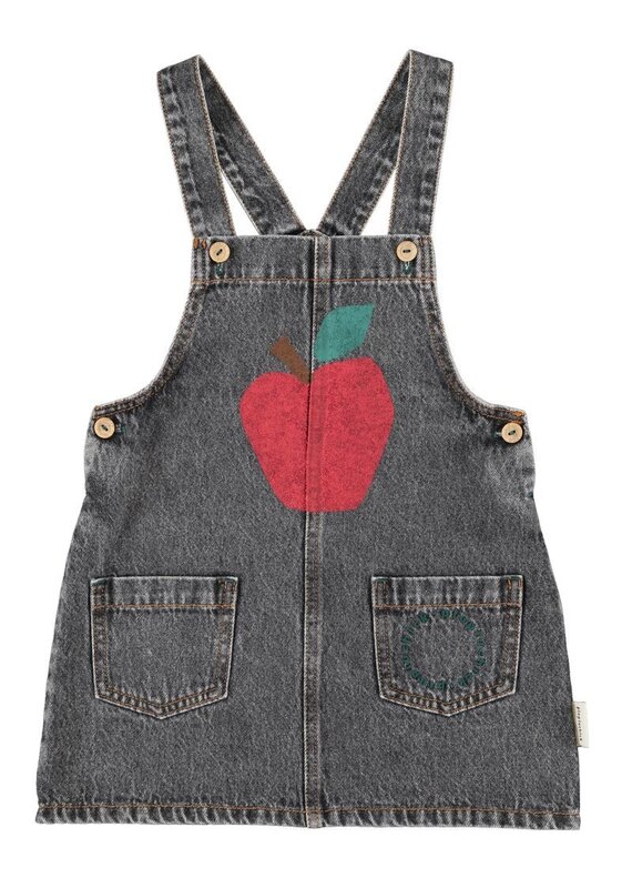 Piupiuchick Short Dress W/ Straps | Washed Black Denim W/ Apple Print aw26