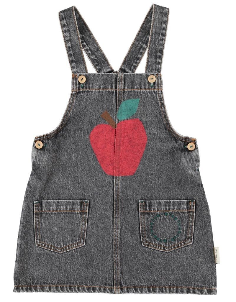 Piupiuchick Short Dress W/ Straps | Washed Black Denim W/ Apple Print aw26