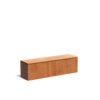 Sockel Cortenstahl mit Holzsitz 150x40x43cm.