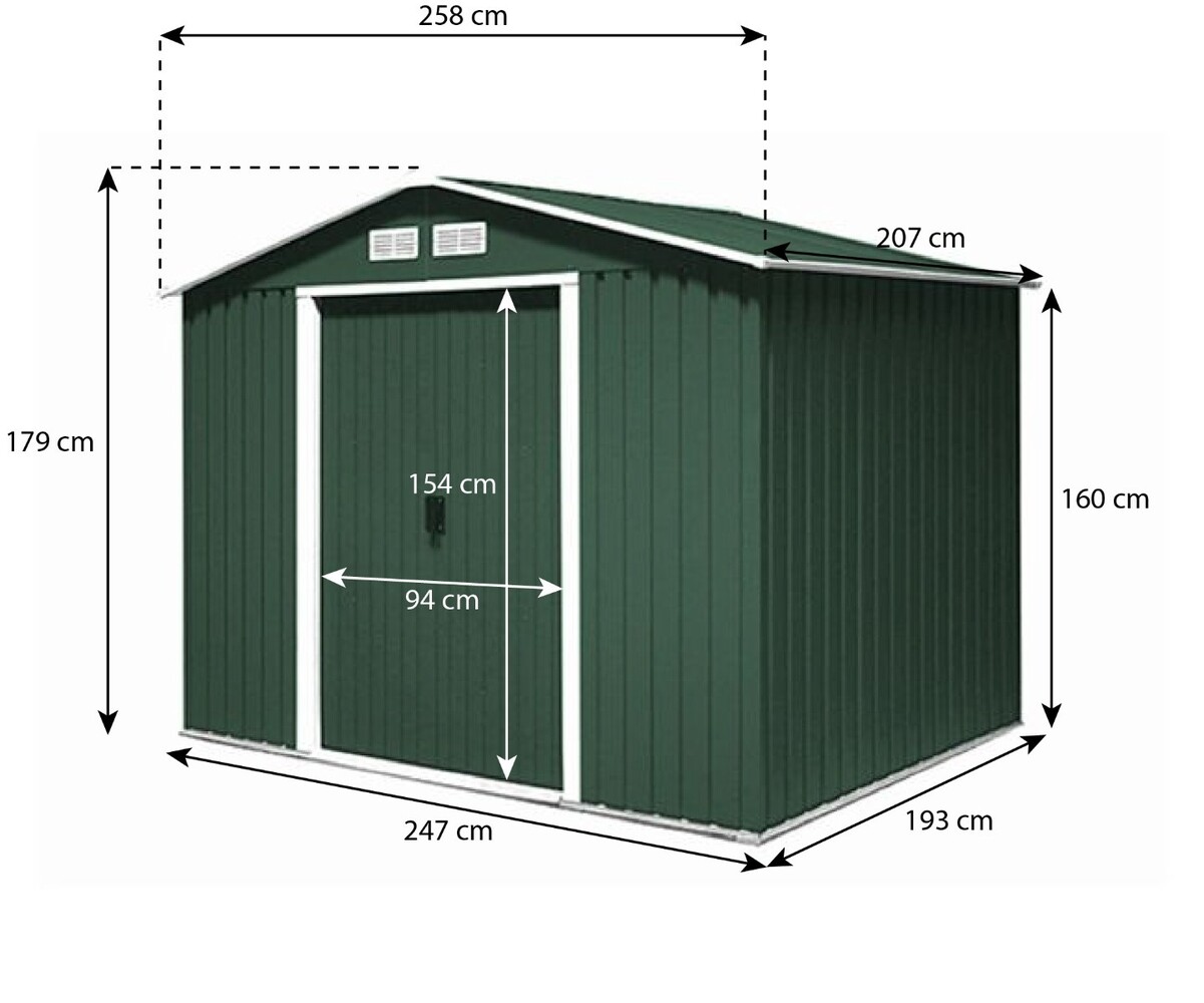 Metalen tuinhuisje (9,3 m3) groen medium berging schuur HxBxD: 179x258x207cm Metalen tuinhuisje (9,3 m3) groen medium berging schuur HxBxD: 179x258x207cm