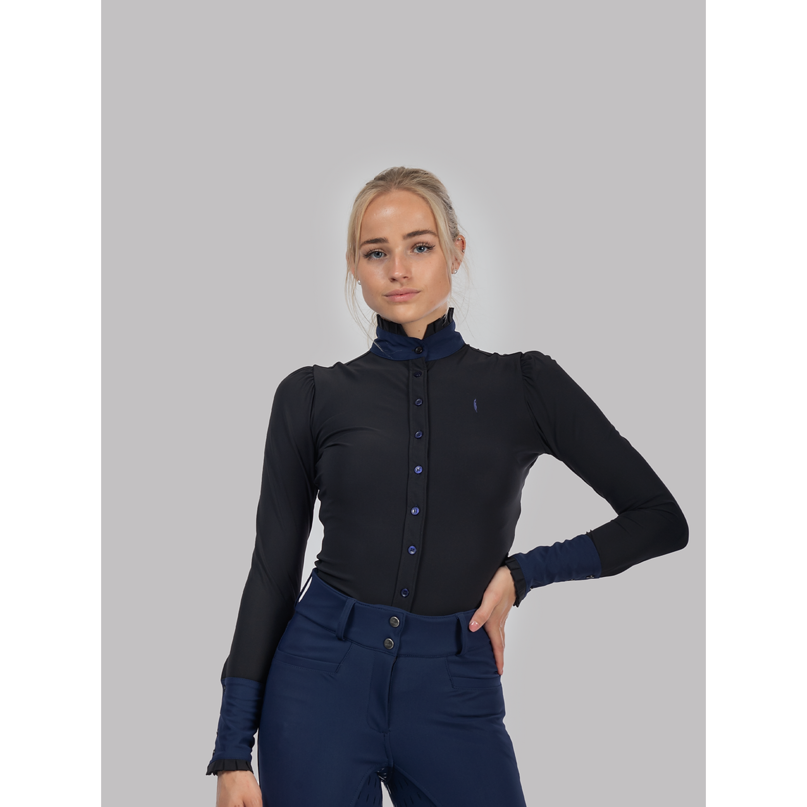 Aviar Aviar long sleeve button ruffle shirt black navy