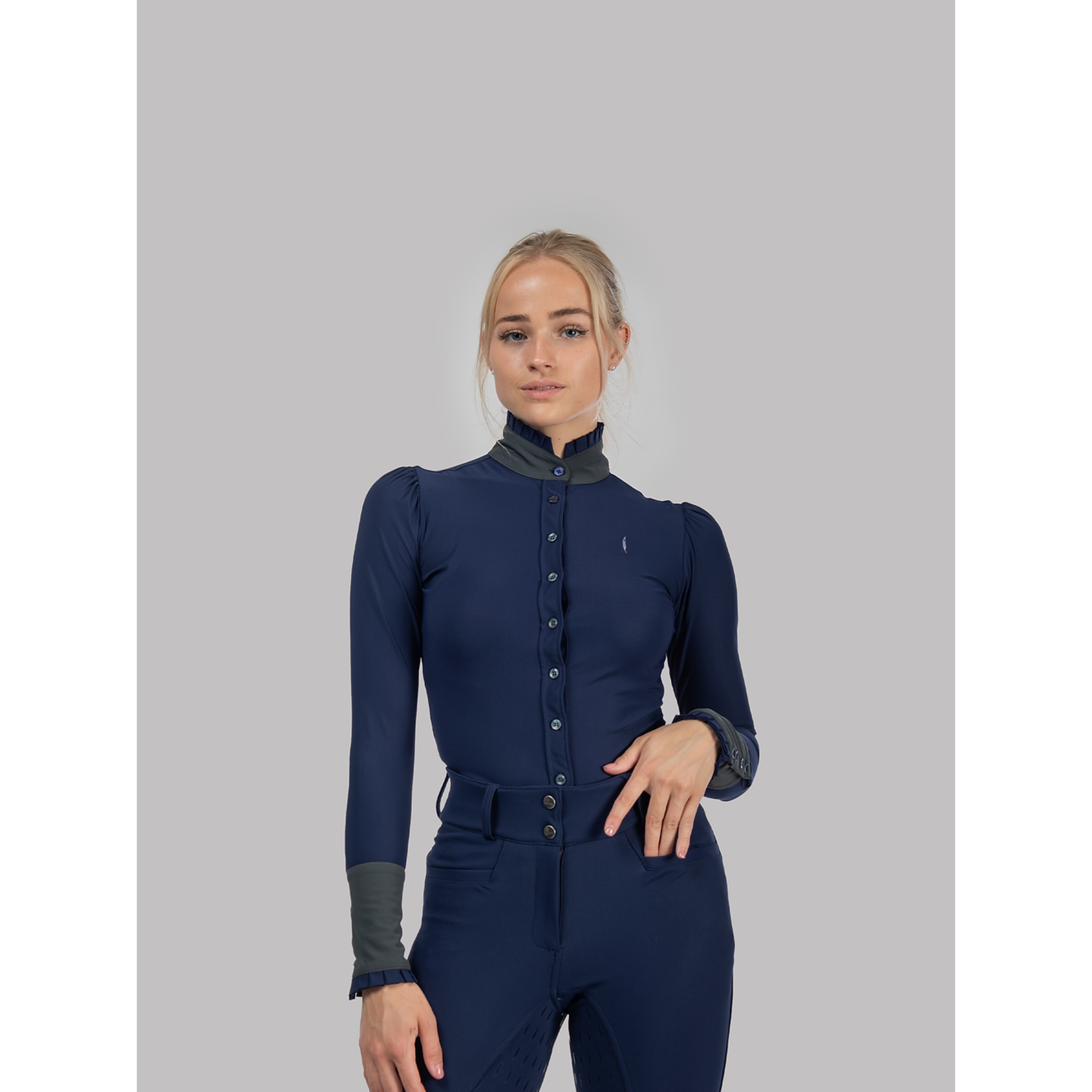 Aviar Aviar long sleeve button ruffle shirt navy black