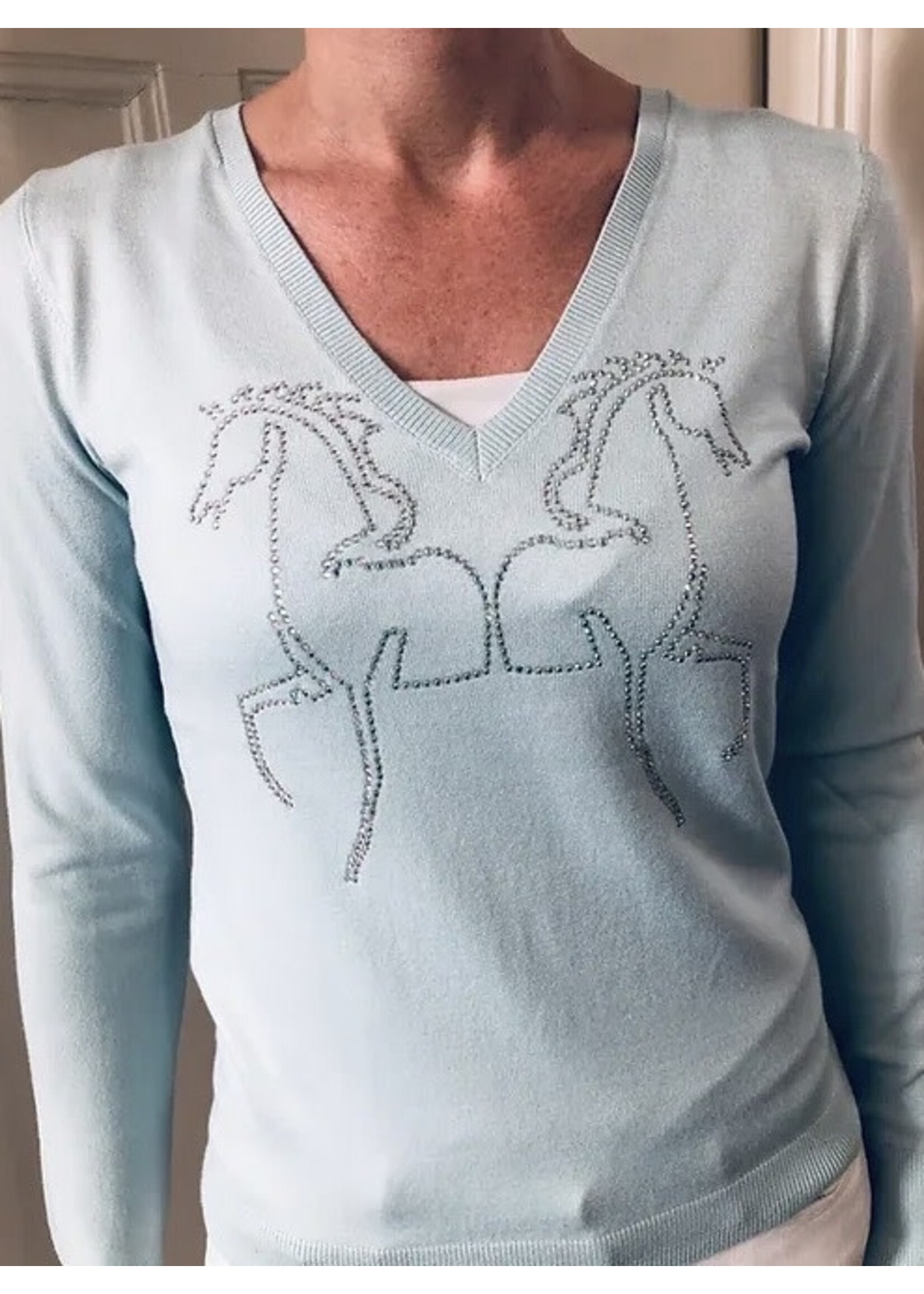 Equestrian style vneck sweater light green sparkling horses