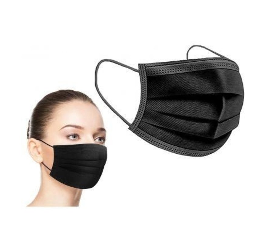 Masques 3 plis noir Type I - 50 pièces - Conforme à NEN-EN