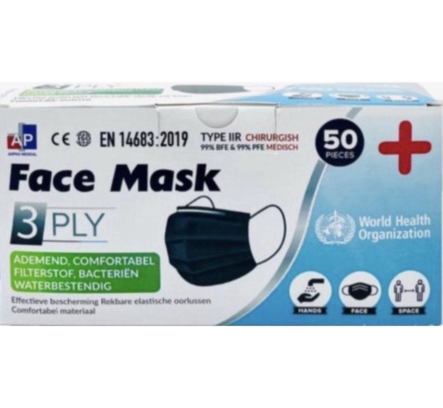 Masques faciaux de type IIR - Noir 50 pièces - CE - Masque facial médical