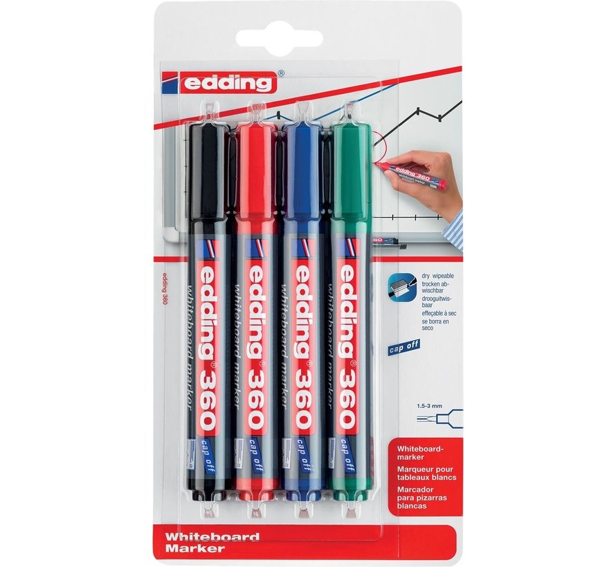 Edding whiteboardmarker 360 - blister met 4 stuks in geassorteerde kleuren