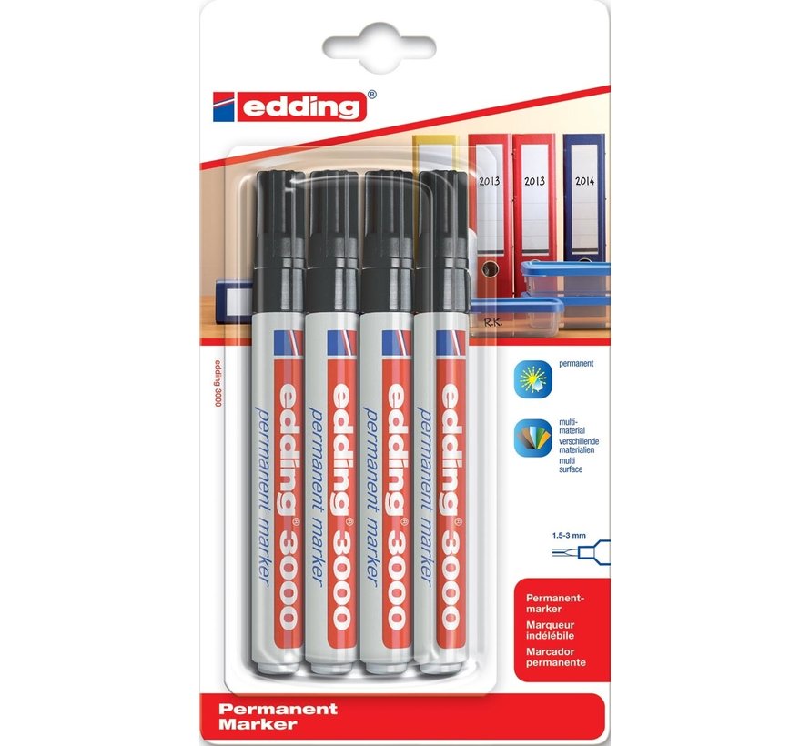 Edding permanent marker 3000 zwart, blister met 4 stuks