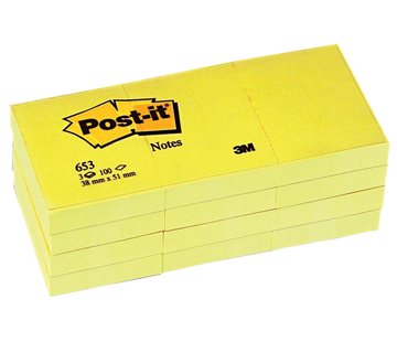 Notes Post-it - 38 x 51 mm - Jaune - Bloc de 100 feuilles - 12 pièces