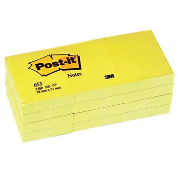 Notes Post-it - 38 x 51 mm - Jaune - Bloc de 100 feuilles - 12 pièces