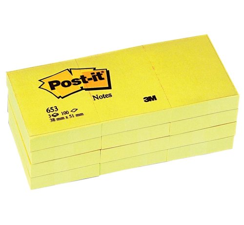 Notes Post-it - 38 x 51 mm - Jaune - Bloc de 100 feuilles - 12 pièces
