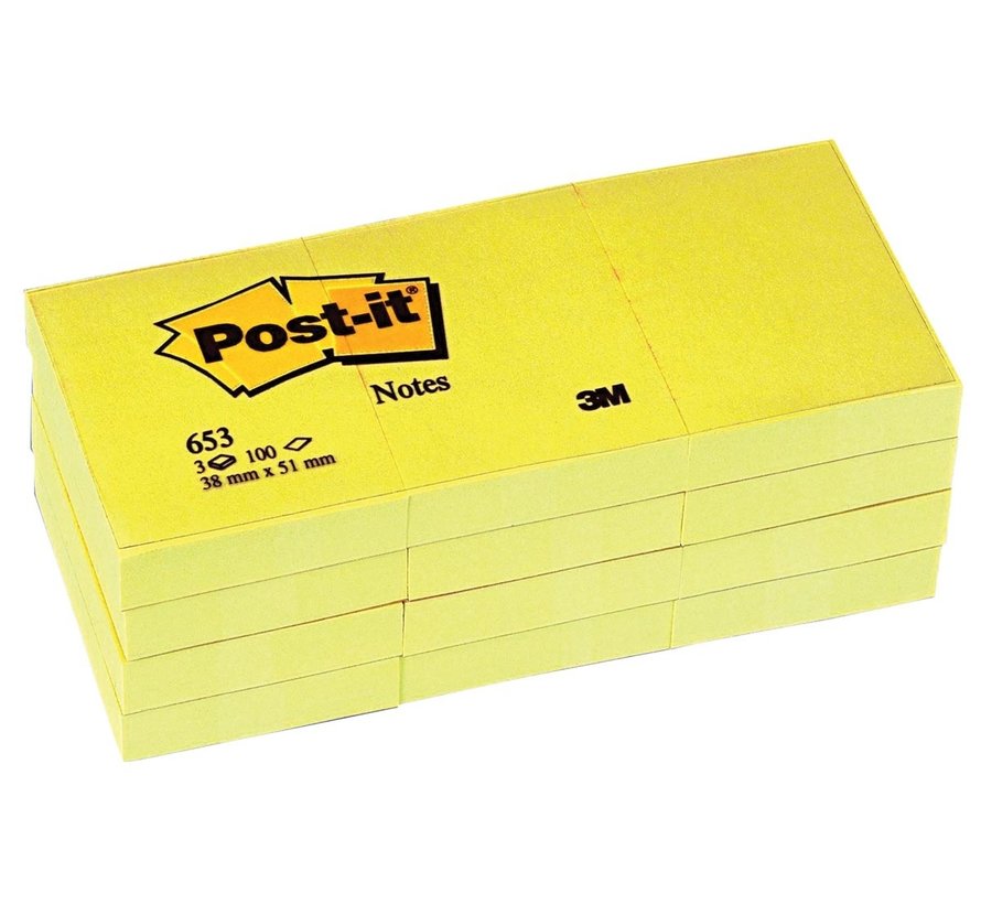 Notes Post-it - 38 x 51 mm - Jaune - Bloc de 100 feuilles - 12 pièces