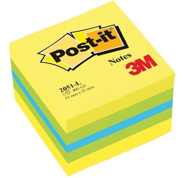 Notes Post-it Mini Cube - 400 feuilles - 51 x 51 mm - Vert, Jaune, Bleu