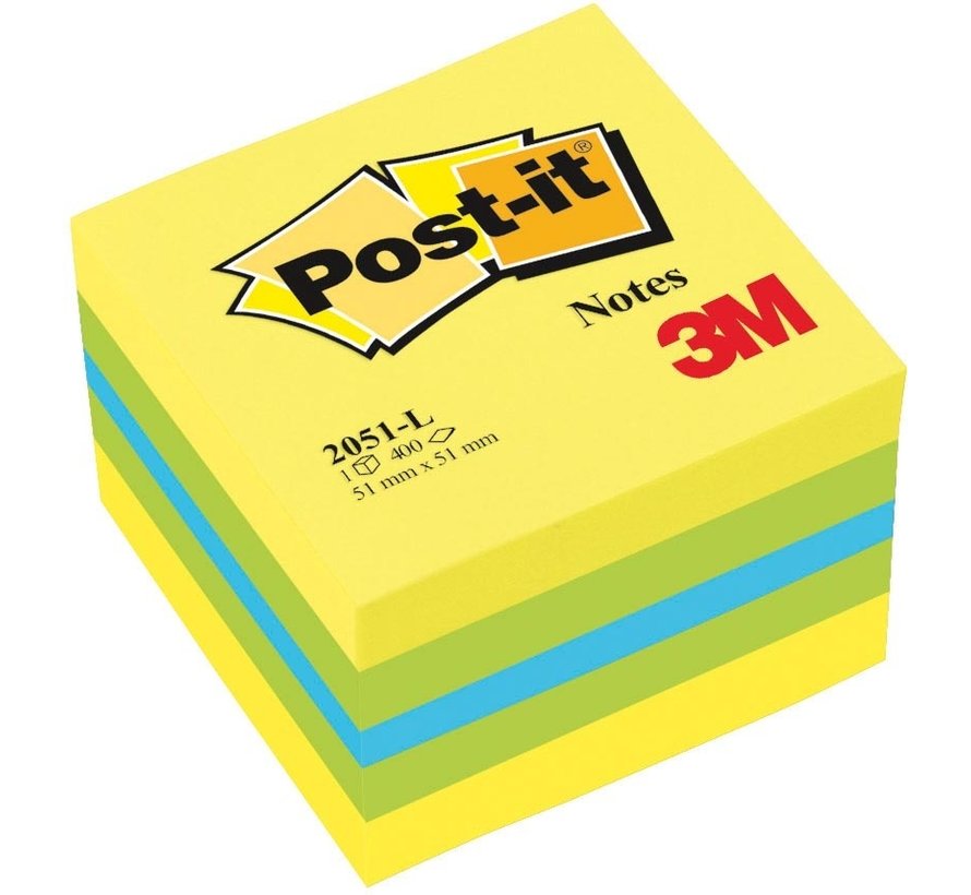 Notes Post-it Mini Cube - 400 feuilles - 51 x 51 mm - Vert, Jaune, Bleu