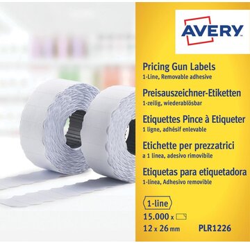 Avery - PLR1226 -  etiketten voor prijstang afneembaar - 12 x 26 mm -15 000 etiketten - wit